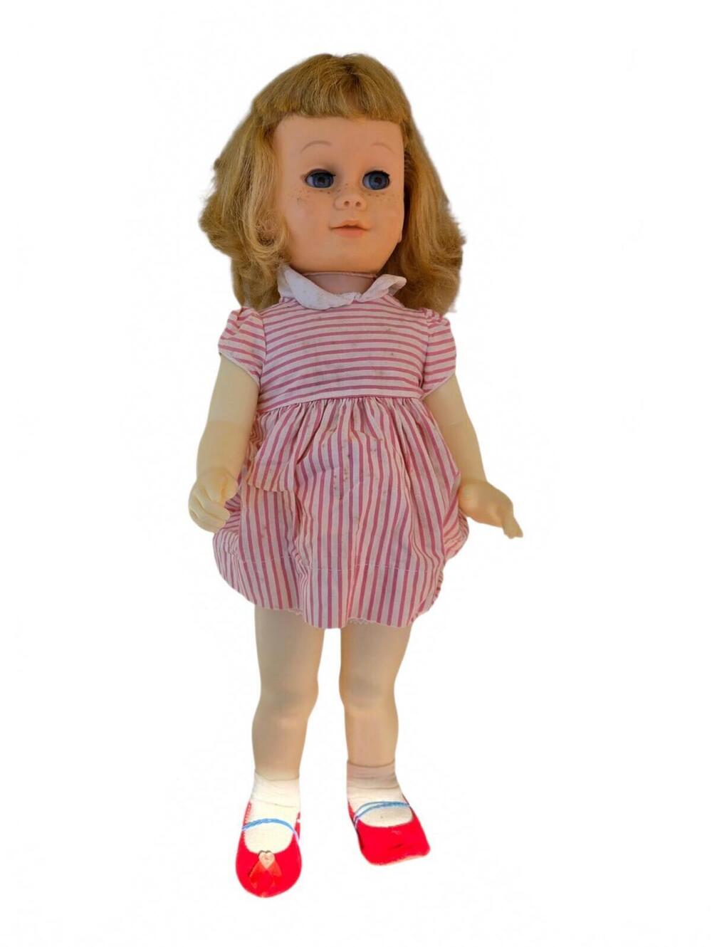 VTG Chatty Cathy Blonde Doll in Pink Striped Dress and Red Shoes mute